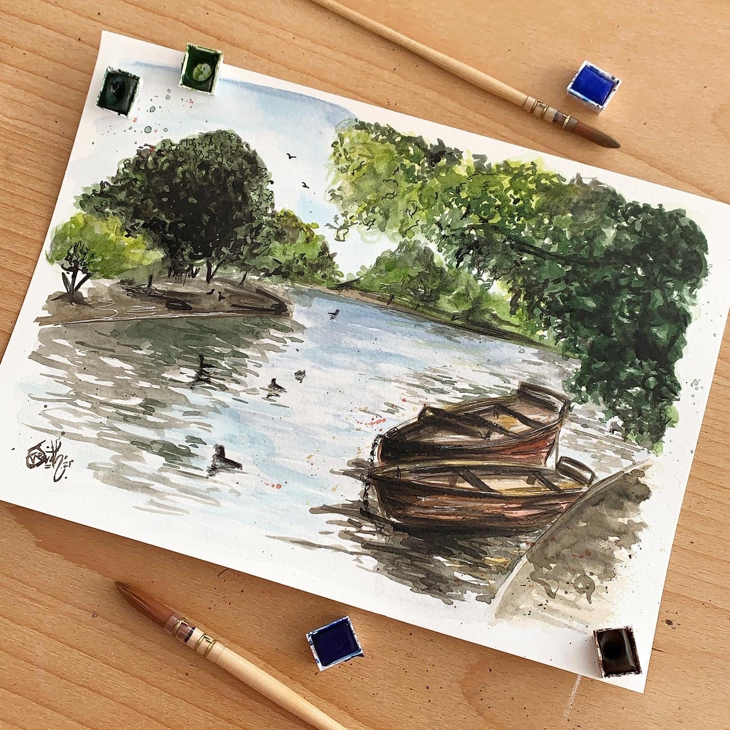An original watercolour painting of the Cleethorpes boating lake, by local artist, Eve Leoni Smith. 