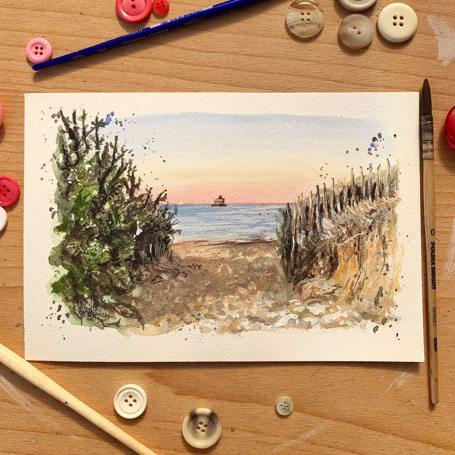 An original painting of the Haile Sands fort at Humberston Fitties beach, painted in watercolours by local artist, Eve Leoni Smith.