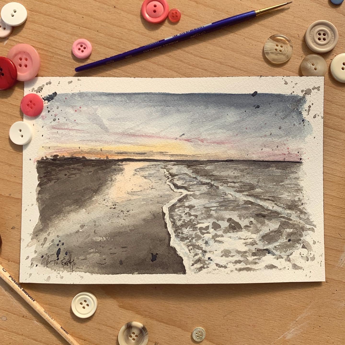 A small original watercolour painting of the tide at Cleethorpes beach on an early night in October, painted by local artist, Eve Leoni Smith. 