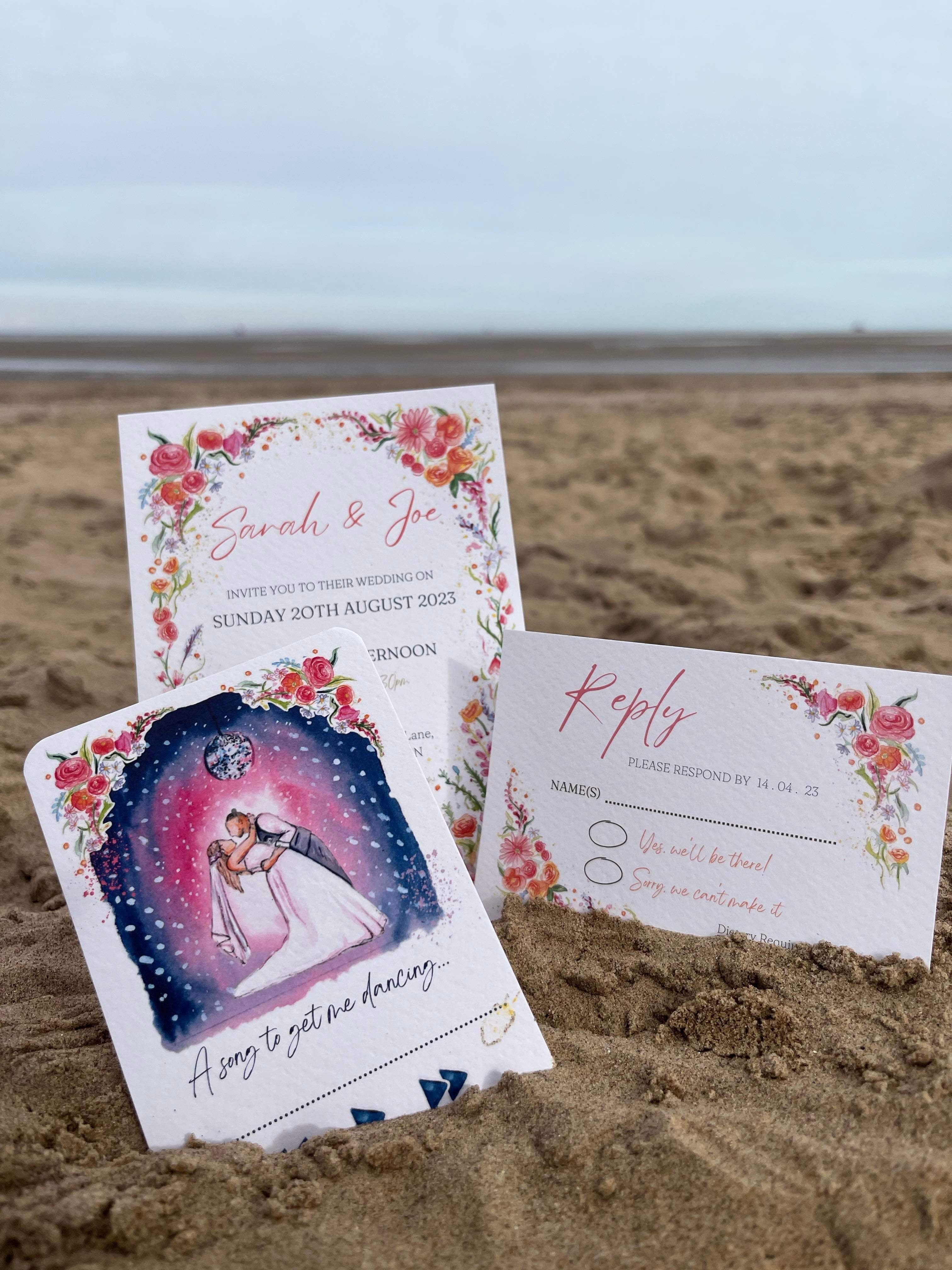 Bespoke luxury wedding invitations on Cleethorpes beach designed by Eve Leoni Art.