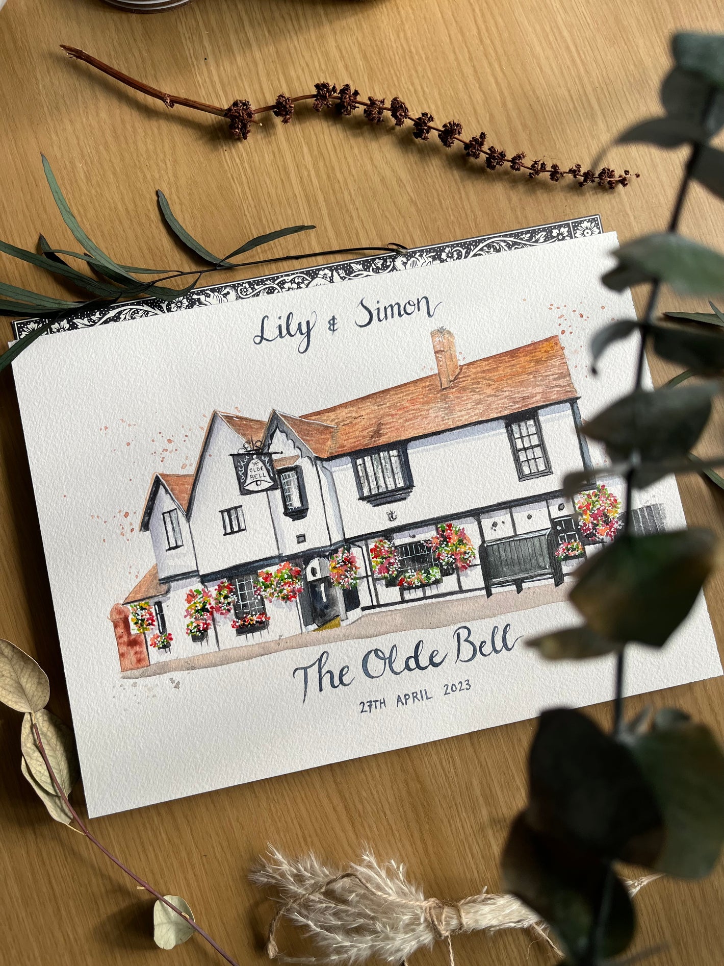 Bespoke wedding venue illustration of The Olde Bell in Hurley, painted in watercolours by Lincolnshire artist, Eve Leoni Art.