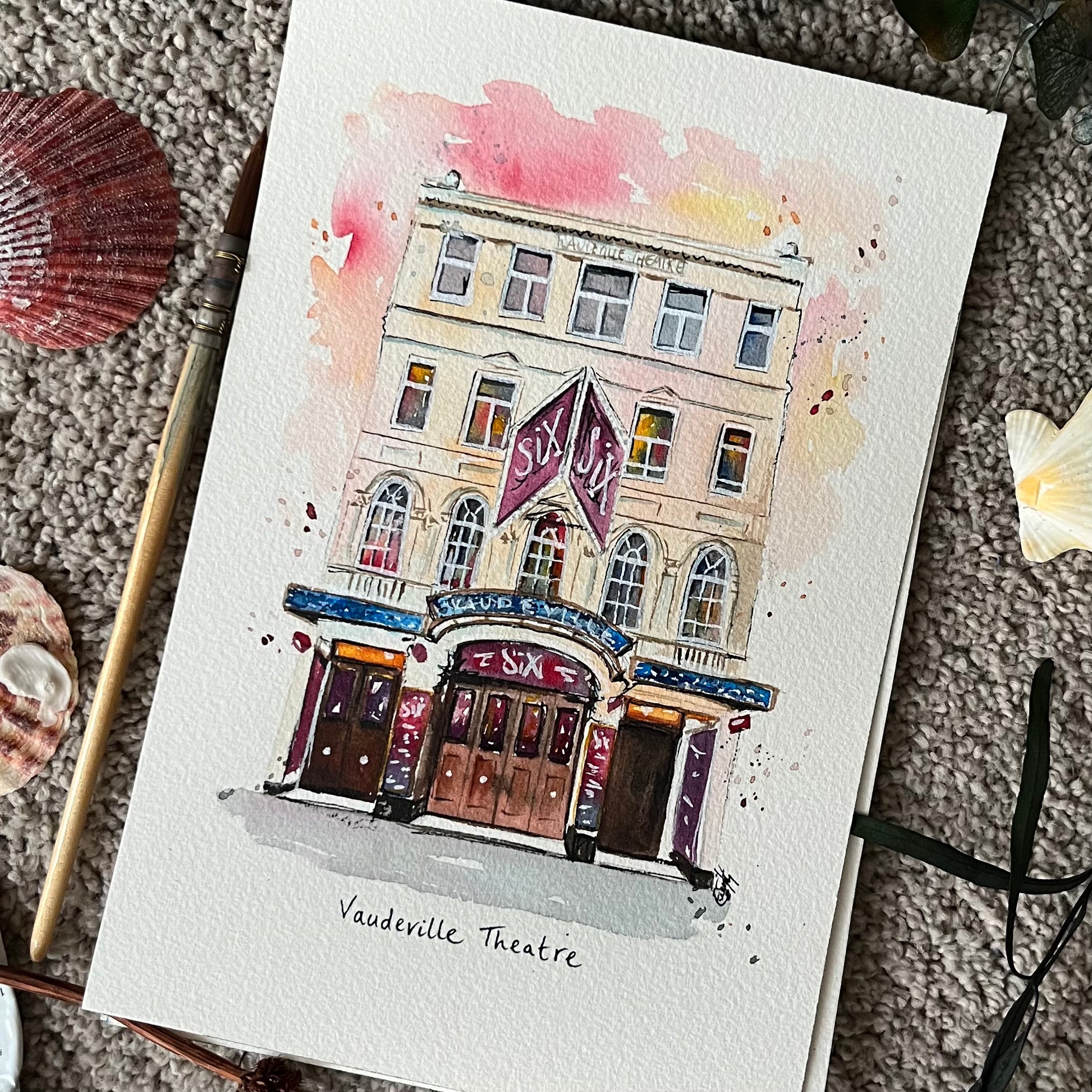 A watercolour illustration by artist, Eve Leoni Smith. It features the Vaudeville theatre in London's West End, home to 'Six the Musical'.