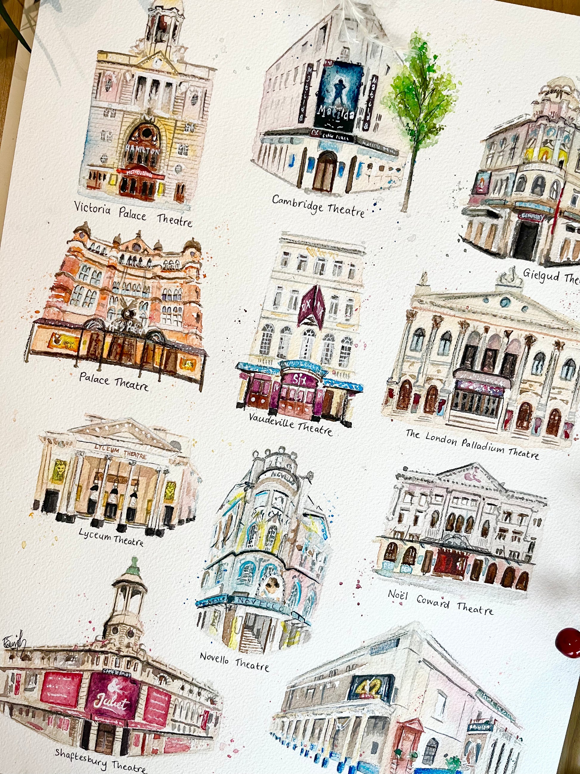 Watercolour illustrations of West End Theatres in London by local artist and performer, Eve Leoni Smith.