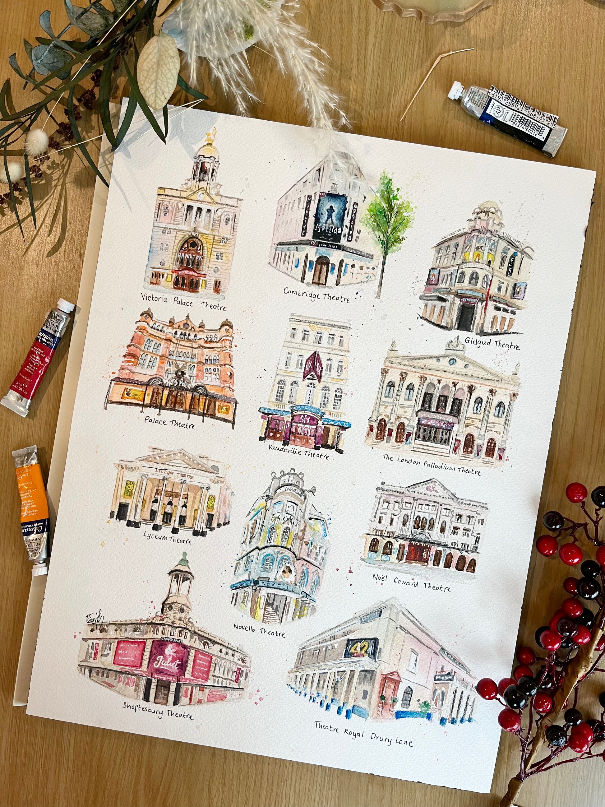 Watercolour illustrations of West End Theatres in London by local artist and performer, Eve Leoni Smith.