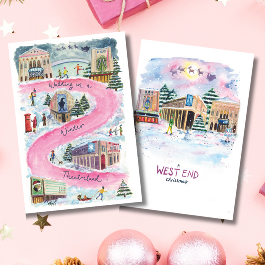 Two West End Christmas cards featuring illustrations of London theatres in winter by Eve Leoni Smith. Theatres include the London Palladium Panto, Theatre Royal Drury Lane and Dominion Theatre.