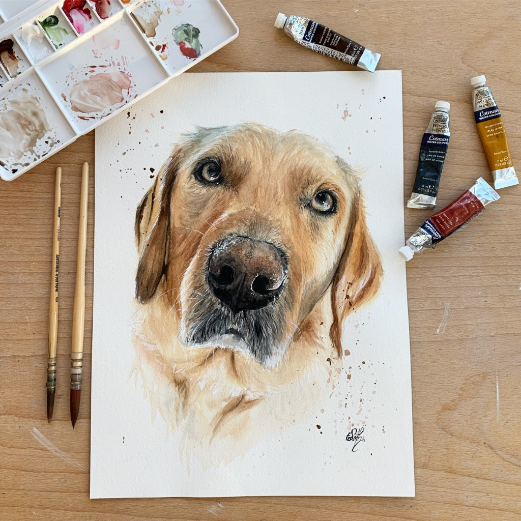 Realistic watercolour pet portrait of a golden labrador looking up with puppy dog eyes.