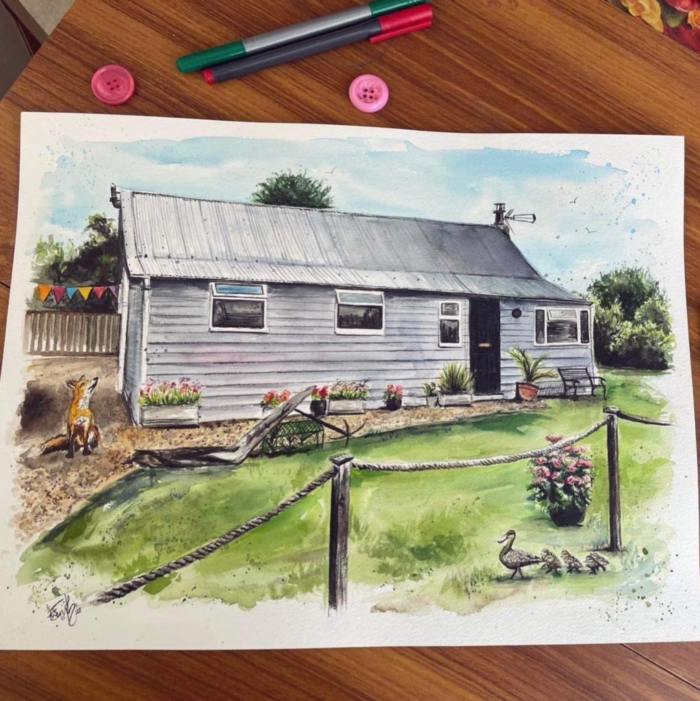 A watercolour painting of a chalet at the Humberston Fitties by local artist, Eve Leoni.