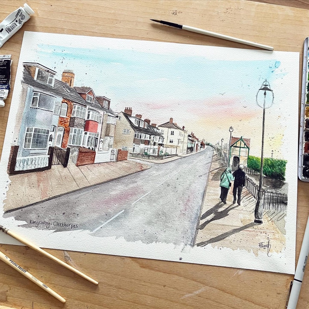 A watercolour landscape painting of a couple walking along the Kingsway, Cleethorpes. 