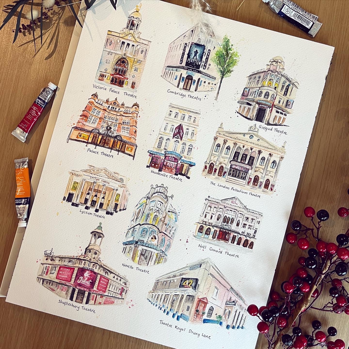 A selection of watercolour illustrations of West End theatres by London based artist and performer, Eve Leoni Art.