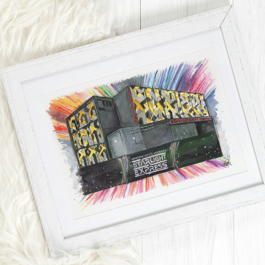 An original watercolour painting of Starlight Express at the Troubadour Theatre in Wembley. Painted by London artist, Eve Leoni Smith. 