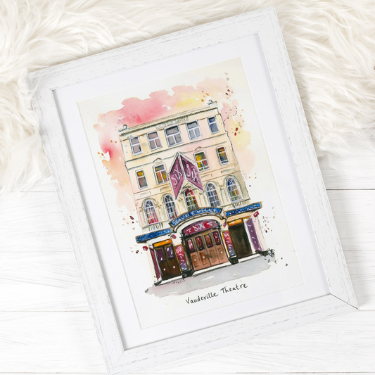 A framed watercolour illustration of the Vaudeville Theatre featuring Six the Musical, painted by Eve Leoni Smith. 
